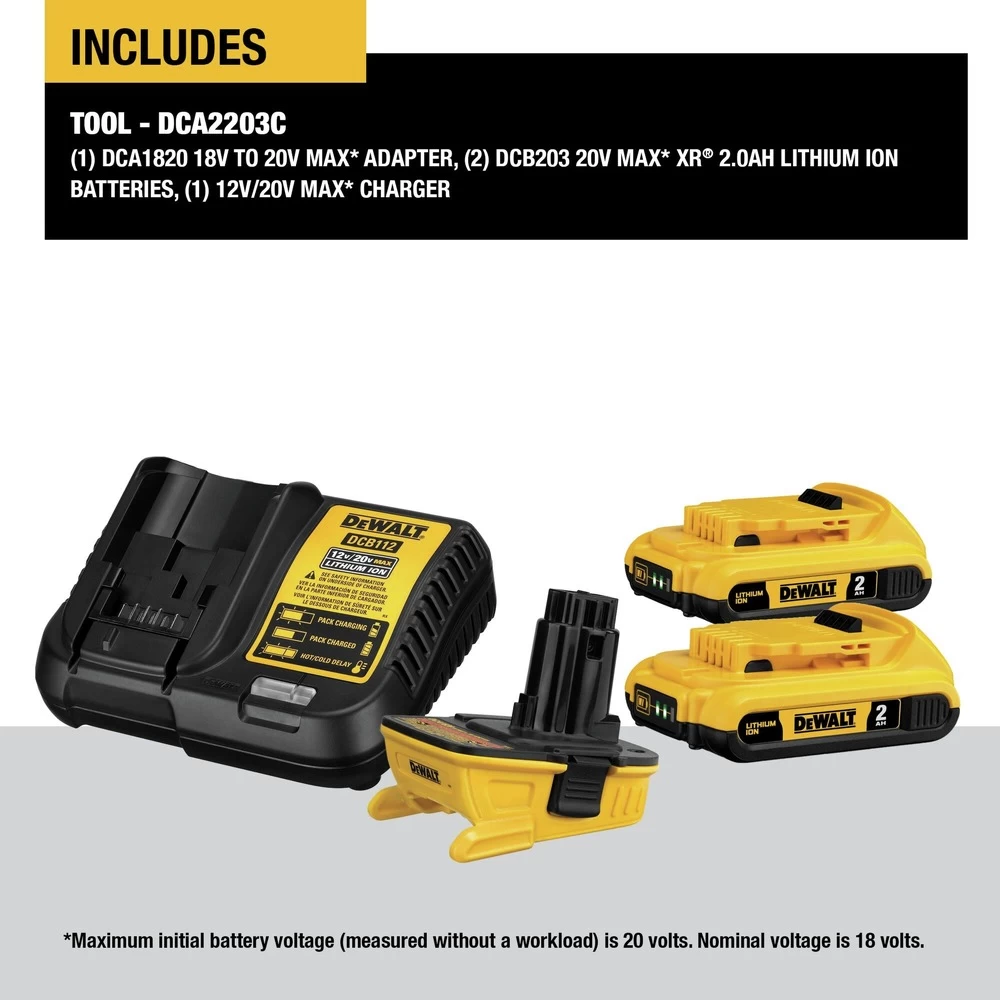 Dewalt 20V MAX Lithium-Ion Battery/Charger/Adapter Kit For 18V Cordless Tools With 2 Batteries (2 Ah) - DCA2203C 4 Dewalt 20V MAX Lithium-Ion Battery/Charger/Adapter Kit For 18V Cordless Tools With 2 Batteries (2 Ah) - DCA2203C - Image 2