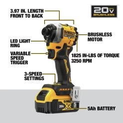 Dewalt DCF850P1 ATOMIC 20V MAX Brushless Lithium-Ion 1/4 In. Cordless 3-Speed Impact Driver Kit (5 Ah) -PowerPro Tools dewndcf850p1 k