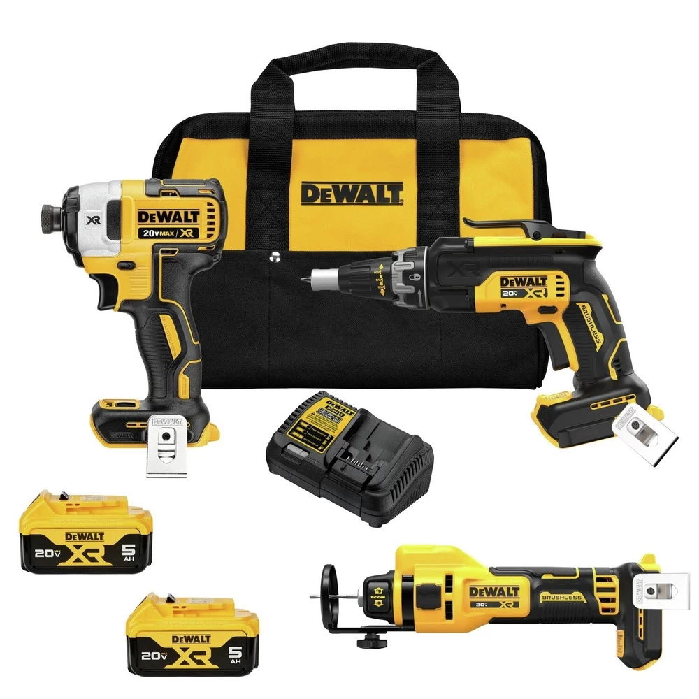 Dewalt 20V MAX XR Brushless Lithium-Ion Cordless 3-Tool Drywall Combo Kit With 2 Batteries (5 Ah) - DCK303P2 3 Dewalt 20V MAX XR Brushless Lithium-Ion Cordless 3-Tool Drywall Combo Kit With 2 Batteries (5 Ah) - DCK303P2